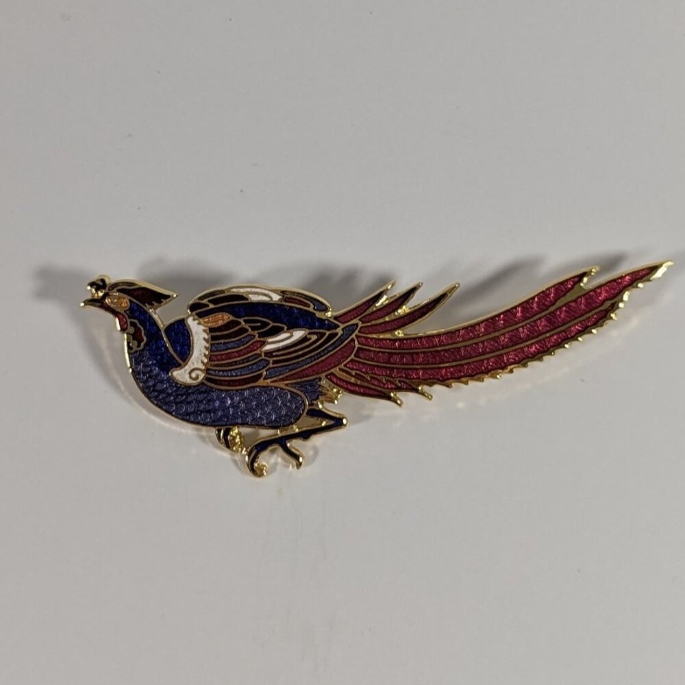 T.B.M. Cloisonne Enamel Pheasant Brooch Vintage Pin